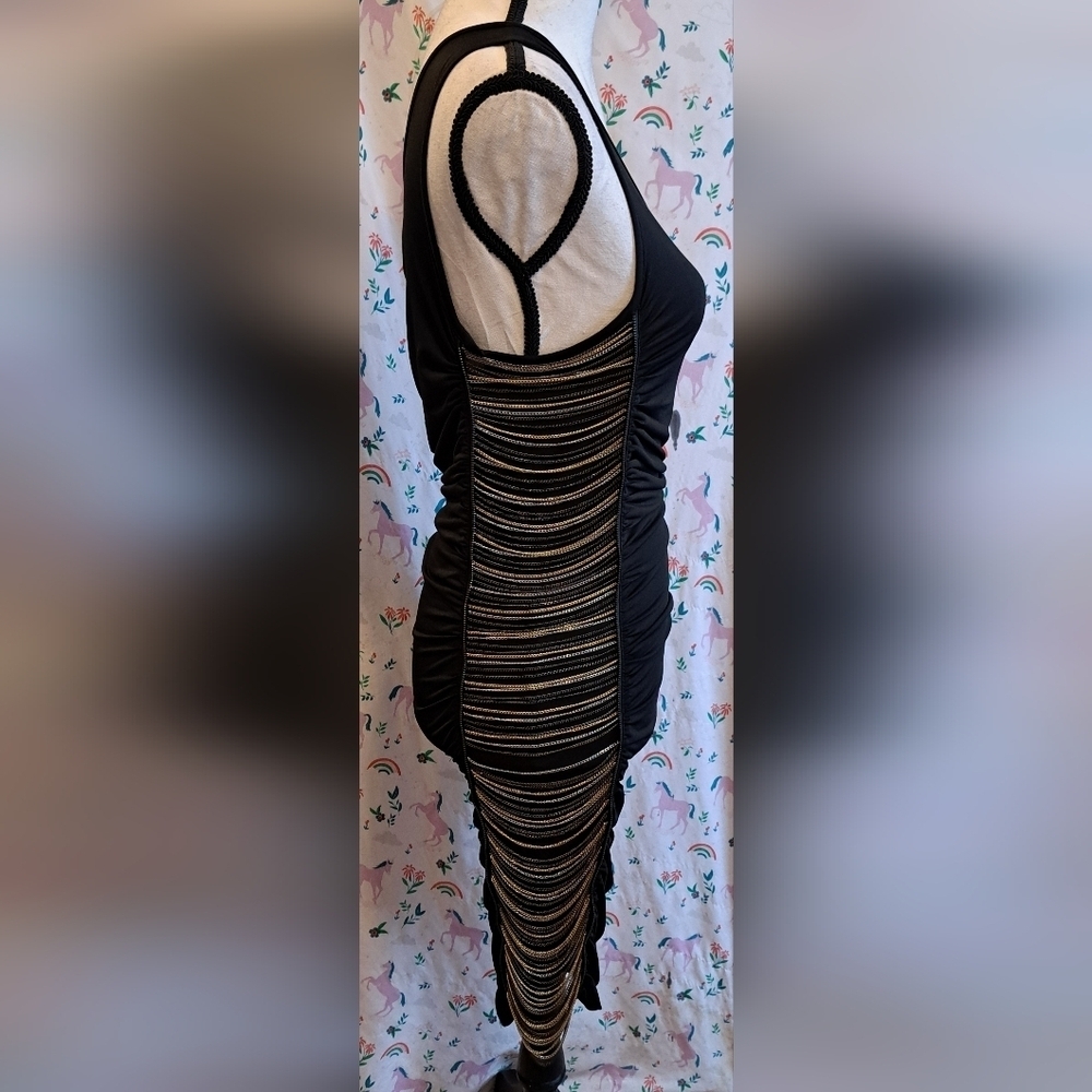 NWT Iron Boutique Black LBD Bodycon Moto Goth Asymetric Chain Dress SZ XS/S - Picture 4 of 6